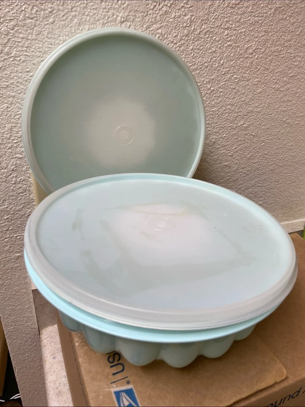 Vtg, Tupperware Jello-Ring Mold Mint Blue Plastic with Lids - Set of Two
